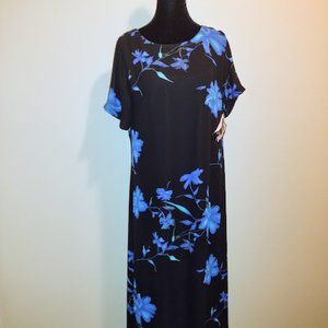 Premier Int'l Ladies Dress, New Washable, Size-L(14-16) Sheer NavyBlue w/Flowers